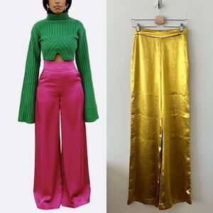 Hanifa-Golden Yellow Satin High Rise Wide Leg Long Trousers (Size:XS)